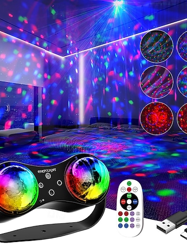 Discokulefestlys med dobbel linse, 2-i-1 lydaktiverte DJ-scenelys med RGB-mønstre og laserprojektor, strobelys med fjernkontroll for hjemmefester, bursdagsdanseklubb