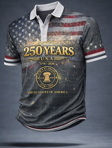  4 يوليو 2026، الذكرى 250 رجالي علم الولايات المتحدة الأمريكية قمصان البولو كم قصير قمصان البولو Lapel كاجوال عمل ملابس الرياضة طباعة ثلاثية الأبعاد Buttons للربيع والصيف أحمر أخضر رمادي