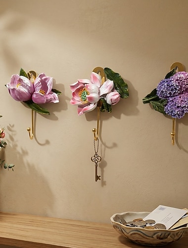  Wandhaken aus Kunstharz mit Blumenmuster, handbemalter Eisenhaken mit Blumenmuster für Wanddekoration, Schlüssel, Badezimmer, Küche, Aufbewahrung, dekorativer Haken für den Innenbereich