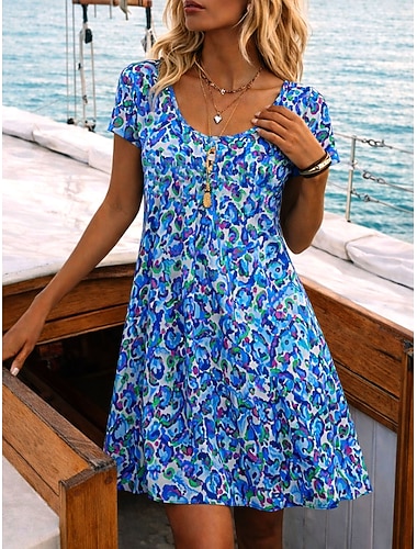  Damen Minikleid Sommerkleid T-Shirt-Kleid A Linie Kleid Urlaub Lässig Täglich Strand Ferien Normale Passform Blumen Grafik Kurzarm Rundhalsausschnitt Blau Purpur Grün Sommer Frühling