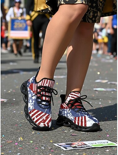  Women's USA Flag Running Sneakers – Lightweight Breathable Lace-Up Athletic Shoes, Patriotic Stars & Stripes Style for Independence Day, Parades, Street Festivals, Outdoor Walking & Casual Wear