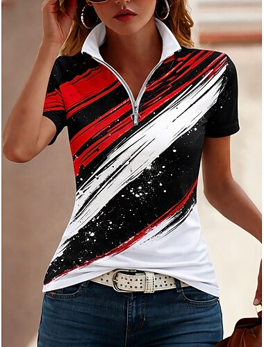  Mulheres Camiseta Zíper Quarter Zip Gráfico Geométrica Bloco de cor Tropical Havaiana à moda Manga Curta Gola Alta Tops regulares casamento na praia Diário Esportes Rosa Vermelho Laranja Verde Verão