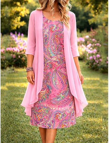  Damen Kleid-Set A Linie Kleid Elegant Urlaub Blumen Grafik Geschichtet Druck Minikleid Halbarm Rundhalsausschnitt Täglich Rosa Sommer Frühling Normale Passform