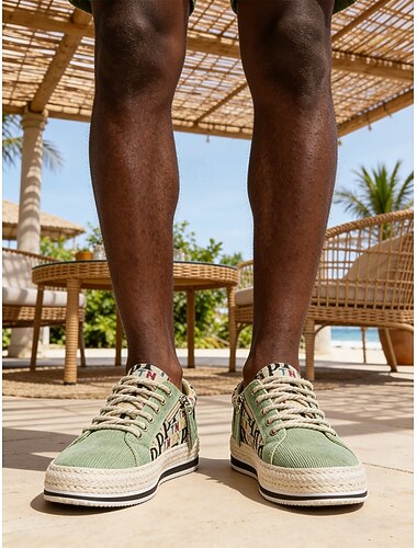  Groene canvas instapsneakers voor heren met logo-opdruk, lichtgewicht en ademend, comfortabele outdoorschoenen voor op reis en casual gebruik.