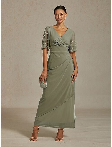  Per donna Abito maxi Tubino Elegante Manica a Volant Ospite di nozze Cocktail party Rete Abbellito Vestibilità regolare Tinta unica Mezza Manica Scollo a V Verde salvia