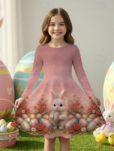  Påsk Flickor 3D Grafisk Kanin Klänning Långärmad 3D-tryck Vår Höst Dagligen Semester Fest söt stil Ledigt Prinsessa Barn 4-12 år Vardagsklänning A linjeklänning Knälång Normal
