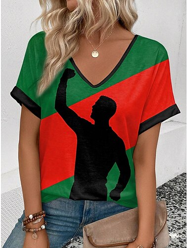  Världens fotbollsmatch 2026 Dam T-shirt Tryck Grafisk Färgblock Vintage Stilig Klassisk Kortärmad V-ringad Regular Tops Dagliga Helg Semester Kläder Svart Röd Grön Sommar Vår