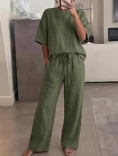  Damen-Leinensets aus 15 % Leinen, zweiteiliges Set aus Leinenmischung, Basic-Teiler in Unifarben, mit Tasche, elastischem Bund, T-Shirt und Hose, Langarm, Rundhalsausschnitt, in Schwarz, Weiß, Marineblau, Hellbraun und Blau, für Sommer und Frühling.