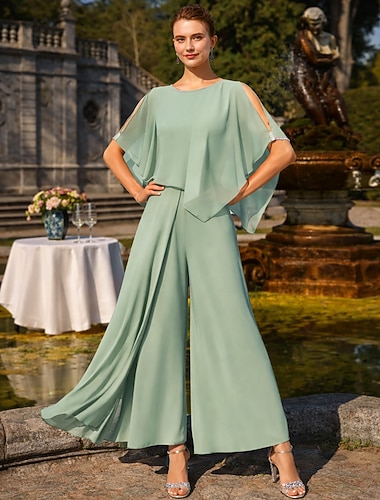  Jumpsuit / Pantsuit Ankellengde Kjole til brudens mor Ermeløs Øsehals Elegant Fest Formell Bryllupsgjest Chiffon med Perlearbeid