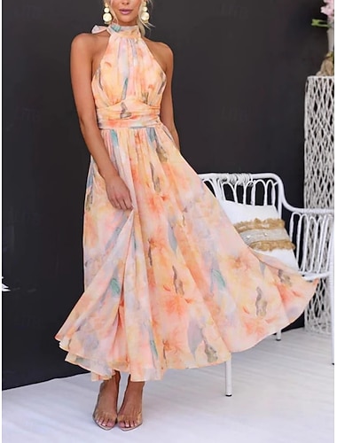  Damen Maxikleid Sommerkleid Chiffonkleid Blumenkleid Neckholder-Kleid Elegant Mode Modern Outdoor Strand Urlaub Normale Passform Blumen Ärmellos Neckholder Orange Sommer Frühling