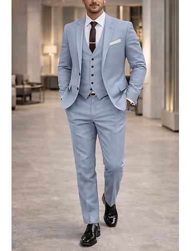  Pour des hommes Costumes en lin Mariage à la plage Mariage Bleu Ciel Kaki Printemps, Automne, Hiver, Été Costume / Tailleur Revers Cranté Couleur Unie Coupe sur mesure 3 pièces Simple Boutonnage Deux