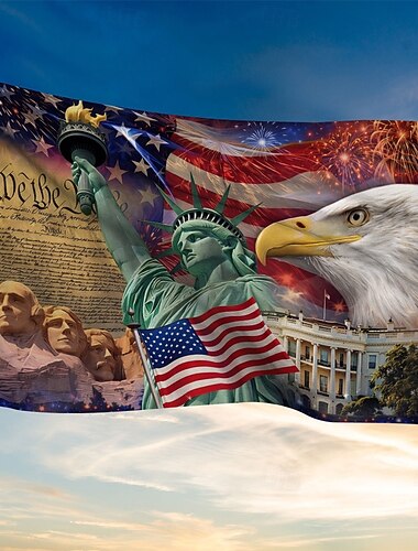  Amerikanische Patriotische Flagge zum 250. Jahrestag der USA mit Freiheitsstatue, Weißkopfseeadler, Mount Rushmore und Weißem Haus – ideal für die Dekoration im Innen- und Außenbereich.