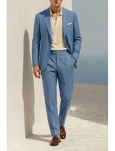  Menn drakter Lindresser Avslappet Virksomhet Blå Lysegrå Sommer Dress Hakkjakkeslag Mote Lettvekt Ensfarget Skreddersydd 2-delt sett Enkelt Brystet To-knapp