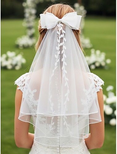  Bruidsluier voor dames van polyester kant met strik, meerlaags, elegant haaraccessoire voor bruiloften en feesten.