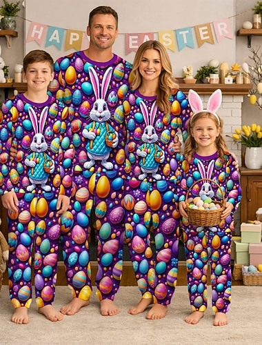  Famiglia Pasqua Pigiama Grafico Coniglietto Casuale Stampato Viola Manica Lunga Vacanza Abiti coordinati