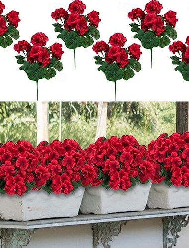  6 mazzi di fiori di gerani artificiali per esterni, fiori di gerani artificiali per esterni, piante da giardino resistenti ai raggi UV, fiori finti per la casa, centrotavola da cucina, decorazioni per