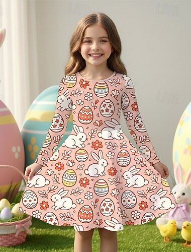  Påsk Flickor 3D Grafisk Kanin Klänning Långärmad 3D-tryck Vår Höst Dagligen Semester Fest Ledigt Prinsessa Skön Barn 4-12 år Vardagsklänning A linjeklänning Knälång Normal