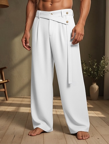  Herren Leinenhosen Hose Sommerhose Gerader Schnitt Einfach Komfort Atmungsaktiv Volle Länge Lässig Täglich Outdoor Urlaub Mode Schwarz Weiß Unelastisch