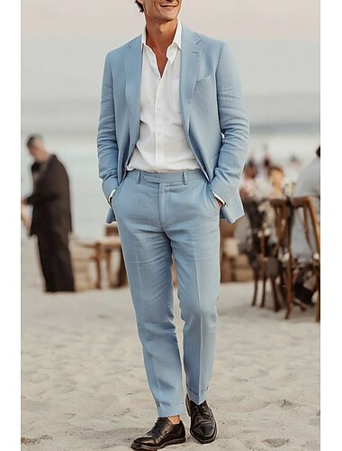  Menn Lindresser Strandbryllup Hvit Himmelblå Vår sommer Dress Hakkjakkeslag Formelt Ensfarget Slank Fasong 2-delt sett Enkelt Brystet To-knapp