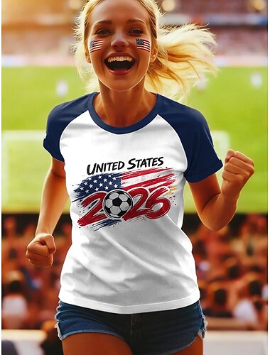  Weltfußballspiel 2026 Damen T-Shirt Print Grafik Buchstabe Stilvoll Klassisch Freizeit Kurzarm Rundhals Reguläre Oberteile Tägliche Blau Rot Grün Sommer Frühling