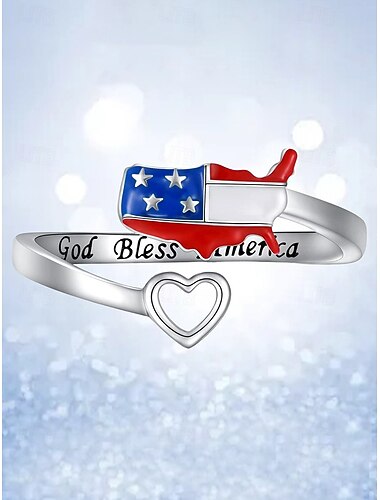 טבעת פתוחה פטריוטית מסגסוגת לנשים, טבעת אצבע מתכווננת עם מפת ארה"ב לב לחגיגות 250 שנה לאמריקה, יום העצמאות וללבוש יומיומי