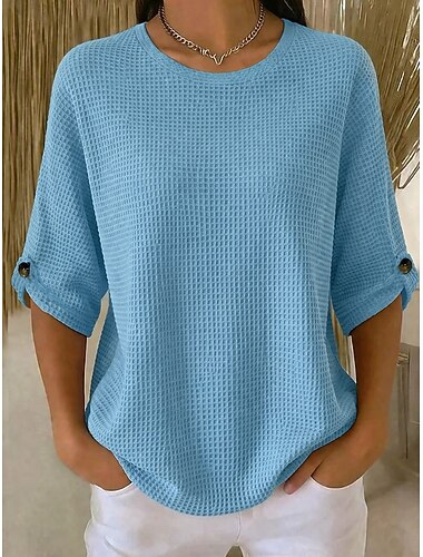  Dames Wafel Shirt Wafel T-shirt Waffle Lounge T-shirt T-shirt Knop Effen Kleur Stijlvol Casual 3/4 mouw Strakke ronde hals Normale tops Dagelijks blauw Paars Oranje Khaki Lente Herfst