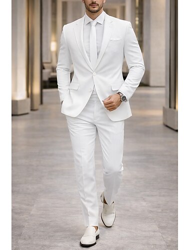 Herr Smokingar Festdräkter Ledigt Bröllop Vit Kostym Hakslag Formell Solid färg Smal passform 2 delar set Singelknäppt Tre Knappar