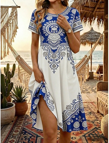  Damen Knielanges Kleid Boho-Kleid Strandkleid Sommerkleid Vintage Gotisch Täglich Strand Wochenende Normale Passform Blumen Kurzarm Rundhalsausschnitt Blau Sommer Frühling