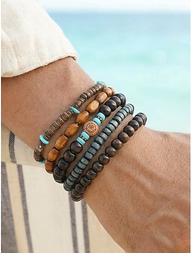  Ensemble de bracelets bohèmes empilables pour homme, composé de perles de bois, bracelet ethnique tribal multicouche avec accents turquoise, bijoux faits main pour les vacances à la plage et le quotidien.