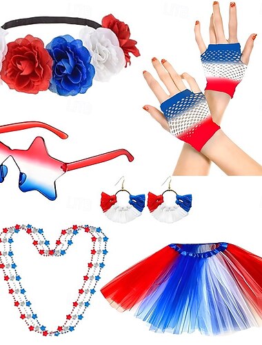  Set 250° anniversario USA Anni '80 Copricapo Tutu Sottogonna con accessori Costume Per donna Halloween Carnevale Mascherata Giorno dell'Indipendenza 4 luglio Adulti Gonna Copricapo Altri Accessori