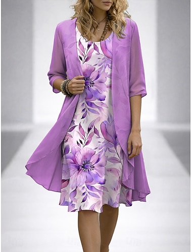  Damen Kleid-Set A Linie Kleid Elegant Urlaub Blumen Grafik Geschichtet Druck Minikleid Halbarm Rundhalsausschnitt Täglich Blau Rosa Purpur Sommer Frühling Normale Passform