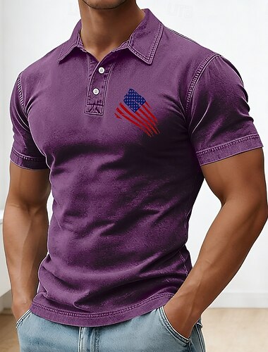  4 يوليو 2026، الذكرى 250 رجالي علم الولايات المتحدة الأمريكية قمصان البولو قميص غسيل حمضي 100% Cotton كم قصير قمصان البولو قميص بياقة كاجوال الأماكن المفتوحة مناسب للعطلات طباعة ثلاثية الأبعاد Buttons