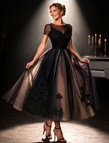  Ligne A Longueur cheville Robes de Cocktail Robe de Soirée Robes de soirée Élégant ancien Années 1950 Manche Courte Col Illusion Halloween robe demoiselle d honneur Invité de mariage d'automne