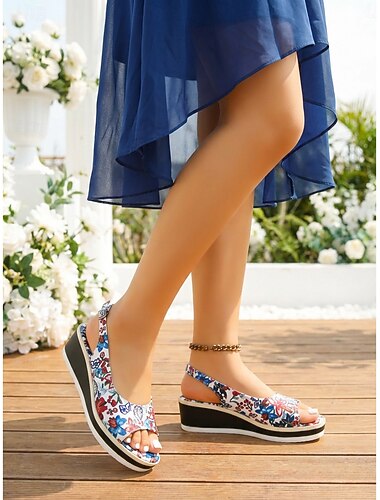  damesandaler med blomstermønster, komfortable slingback-plattformsko for hagebryllupsgjester, avslappet elegant sommerbruk for utendørs bruk