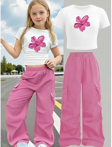  2 Pezzi Bambini Ragazze Tinta unica Tasca T-shirt e pantaloni Impostato Manica Corta Sport Casuale 7-13 Anni Estate Rosa
