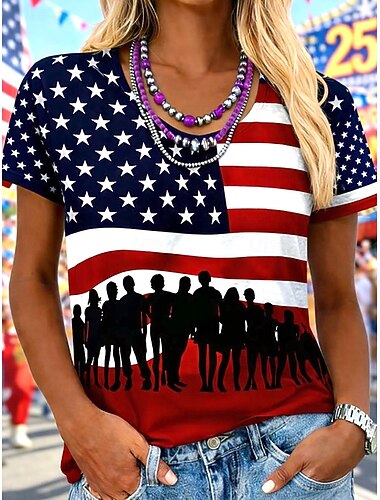  Amerikansk uafhængighedsdag Dame T-shirt Trykt mønster Grafisk Bogstaver Amerikansk flag Stilfuld Klassisk Afslappet Kortærmet Rund hals Almindelige toppe Daglig Vin Rød Sommer Forår