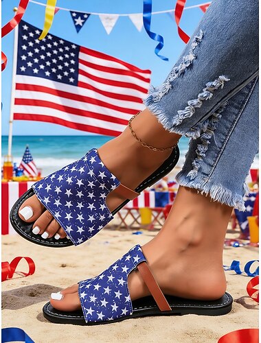  sandali da donna con stampa a stella per il 250° anniversario degli Stati Uniti - sandali piatti blu patriottici con motivo a stella per il giorno dell'indipendenza del 2026 e le vacanze al mare