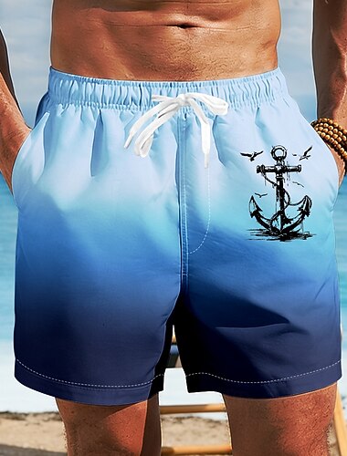  Herr Nautisk Ankare Gradientfärg Badshorts Baddräkter Badshorts Boardshorts Medium Midja Hawaiisk Strandsemester Sidfickor Mesh foder Elastisk dragsko i midjan Designer Kläder