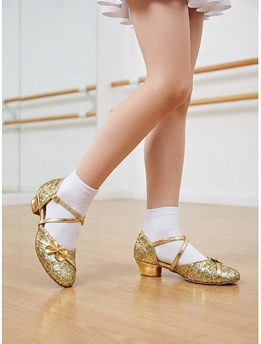  scarpe da ballo per bambini - oro glitterato con fiocco per giovani ballerini