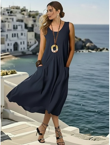  Damen Midikleid 100% Baumwolle Shiftkleid Sommerkleid Freizeitkleid Basic Klassisch Lässig Täglich Outdoor Normale Passform Einfarbig Ärmellos U-Ausschnitt Armeegrün Marineblau Orange Aprikose Sommer