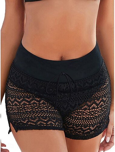  Damen Badeanzug Badeshorts Dehnbare Boxershorts Hohe Taillenlinie Bademode sexy Ausschnitt Kordelzug Spitze Urlaub Strandbekleidung Einfarbig Ärmellos Badeanzüge