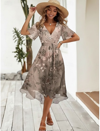  Damen Midikleid Boho-Kleid Chiffonkleid Blumenkleid Mode Modern Urlaub Ferien Normale Passform Blume Kurzarm V Ausschnitt Blau Hellgrün Rote Marineblau Sommer