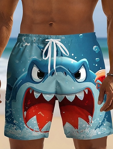  Herre Hai tegneseriedyr Badeshorts Surfeshorts Medium Midje Morsom Strandferie Sidelommer Mesh fôr Elastisk snøring i midjen Designer Klær
