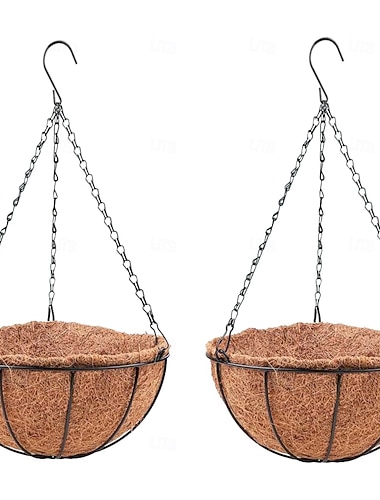  fioriere sospese per piante da esterno (confezione da 2, 12 pollici), cestini sospesi con rivestimento in cocco, vasi da fiori, porta piante rotondo in filo metallico, gancio a catena, terrazza,