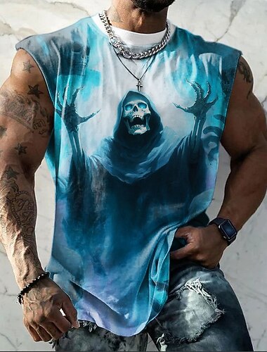  Débardeur homme à imprimé intégral bleu fantomatique, style dark fantasy, coupe ample, style streetwear horrifique, tailles S, M, L, XL, XXL, XXXL