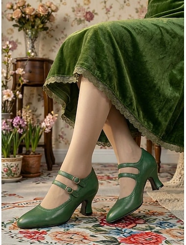  Scarpe eleganti da donna con tacco a spillo verde stile vittoriano vintage Mary Jane - con doppio cinturino e tacco a gattino &dettaglio brogue per tea party, eventi retrò &occasioni formali