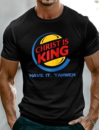  T-shirt homme « Christ is king have it Yahweh Burger logo parody humoristique chrétien et religieux » - coupe ajustée, manches courtes, style décontracté, tailles S, M, L, XL, XXL, XXXL