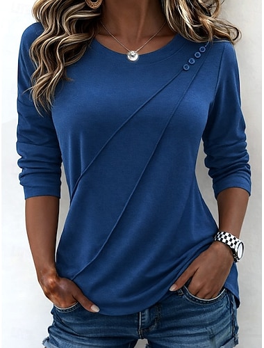 Damen Bluse Knöpfe Einfarbig Täglich Stilvoll Basic Langarm Rundhalsausschnitt Normale Oberteile Täglich Blau Schwarz Gelb Rote Frühling Herbst