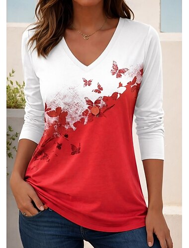  Damen T Shirt Druck Blumen Grafik Farbverlauf Elegant Vintage Stilvoll Langarm Rundhalsausschnitt V Ausschnitt Lange Oberteile Täglich weiß Rot Rosa Regenbogen Sommer Frühling Herbst