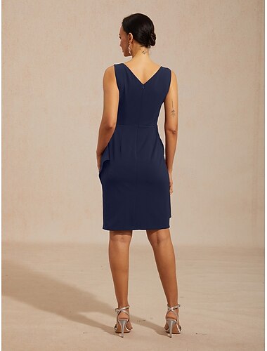  Dames Mini-jurk Schede jurk Elegant cocktail Cocktailparty Met ruches Kunstdiamanten Normale pasvorm Effen Kleur Mouwloos V-hals Marineblauw